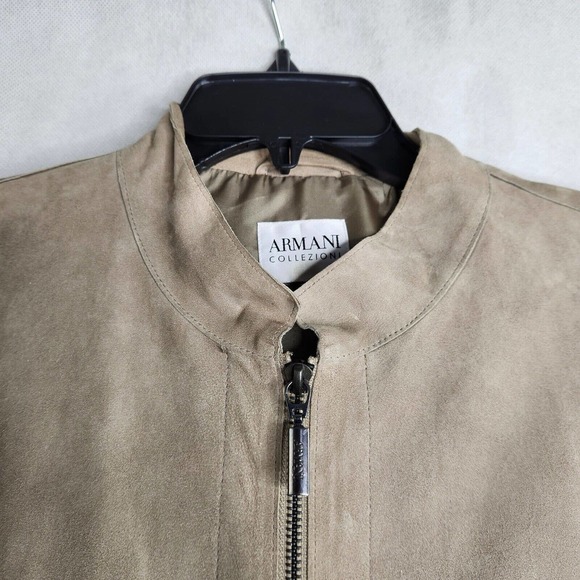 Armani Collezione Tan Brown Suede Leather Zip Front Jacket Knit Insets Size 44 - Picture 2 of 16